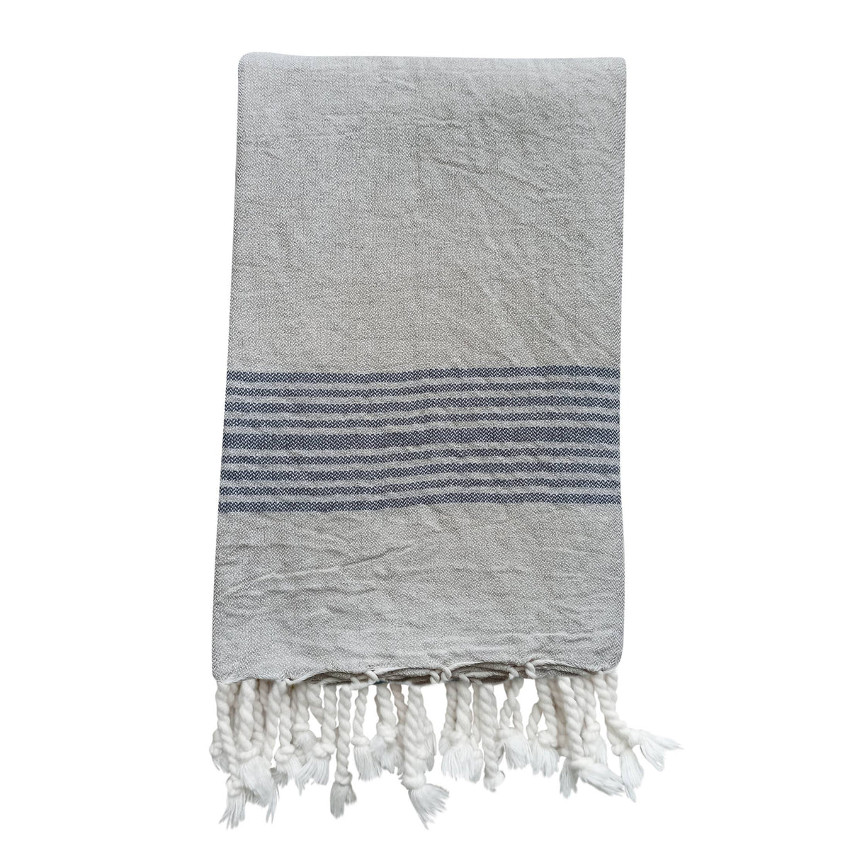Linen-cotton Turkish towel with tonal stripe band and tassels, 33x67 in | Kikoya
