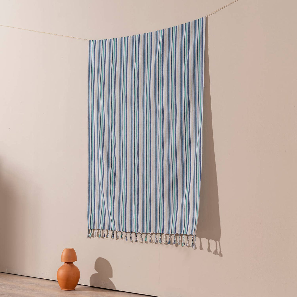 Seafoam & Blue Stripe peshtemal, tassel fringe detail | Kikoya