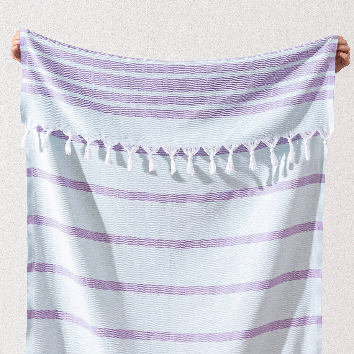 Luxe Herringbone Turkish towel – Mint/Lilac, mint with lilac stripes, fringe detail | Kikoya