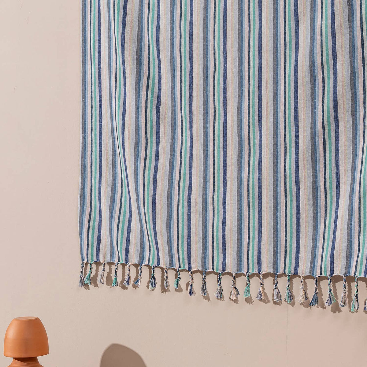Seafoam & Blue Stripe beach towel folded | Kikoya