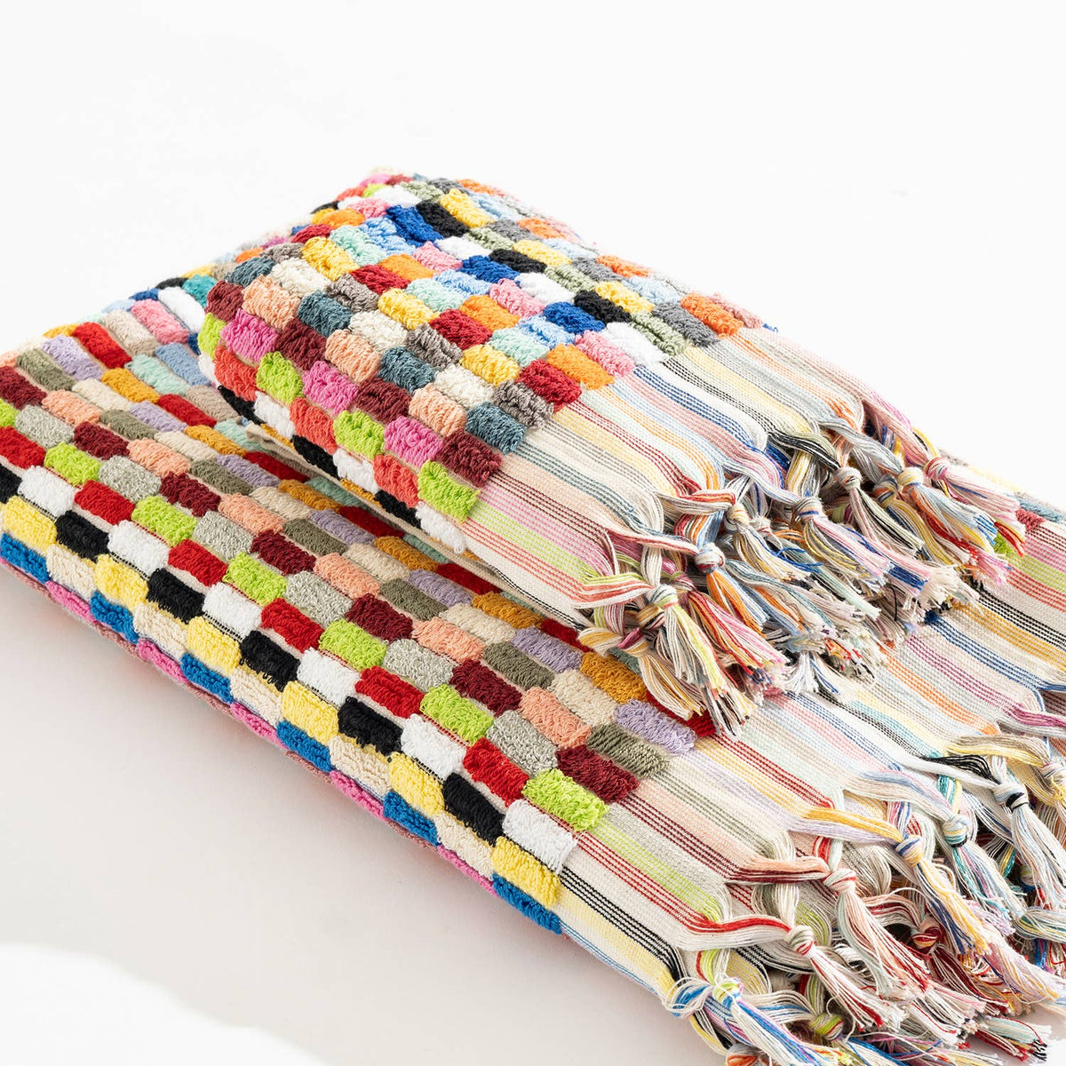 Lokum pompom Turkish hand towel, 17x38 in, handloomed check with pompom fringe | Kikoya