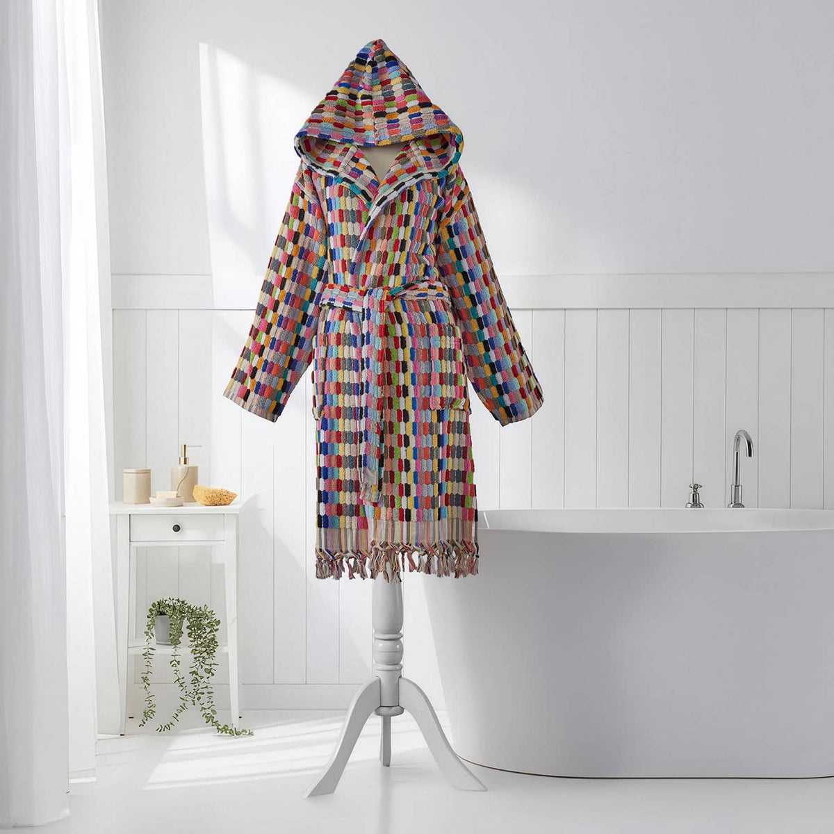Pompom Turkish bathrobe – Lokum Multicolor, Hooded, front view | Kikoya