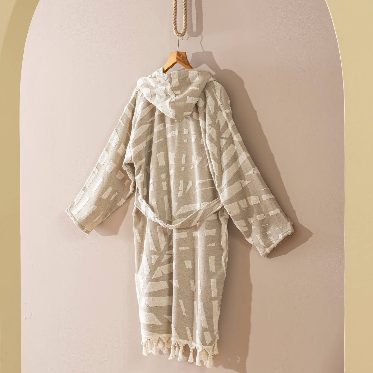 Fronds raised terry Turkish bathrobe, hooded, palm-frond jacquard | Kikoya
