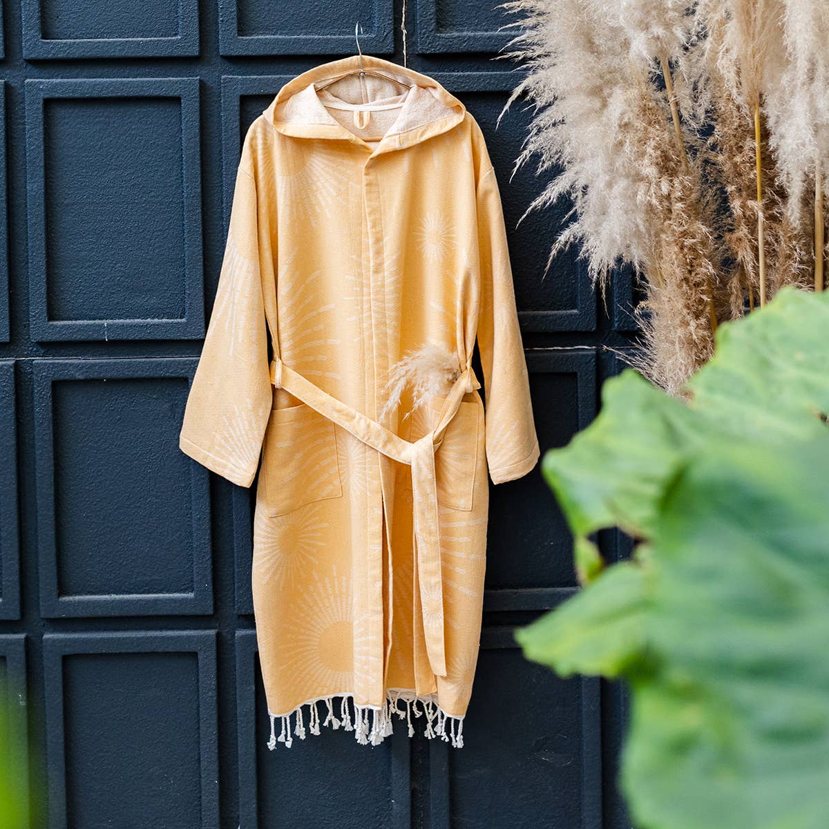 Sunburst terry-backed Turkish bathrobe, hooded, mustard | Kikoya