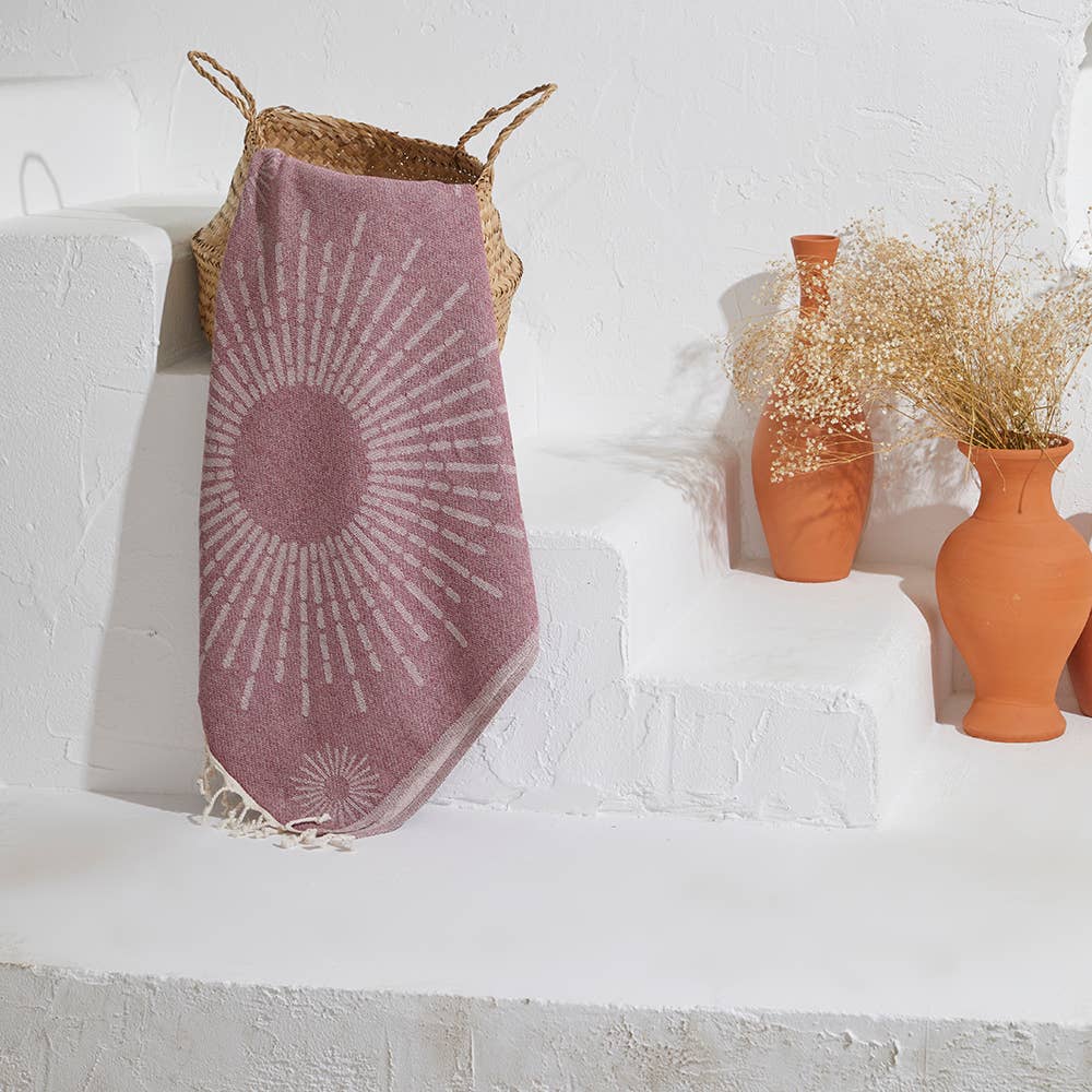 Sunbright terry-backed Turkish towel with woven sunburst jacquard, 35x70 in | Kikoya
