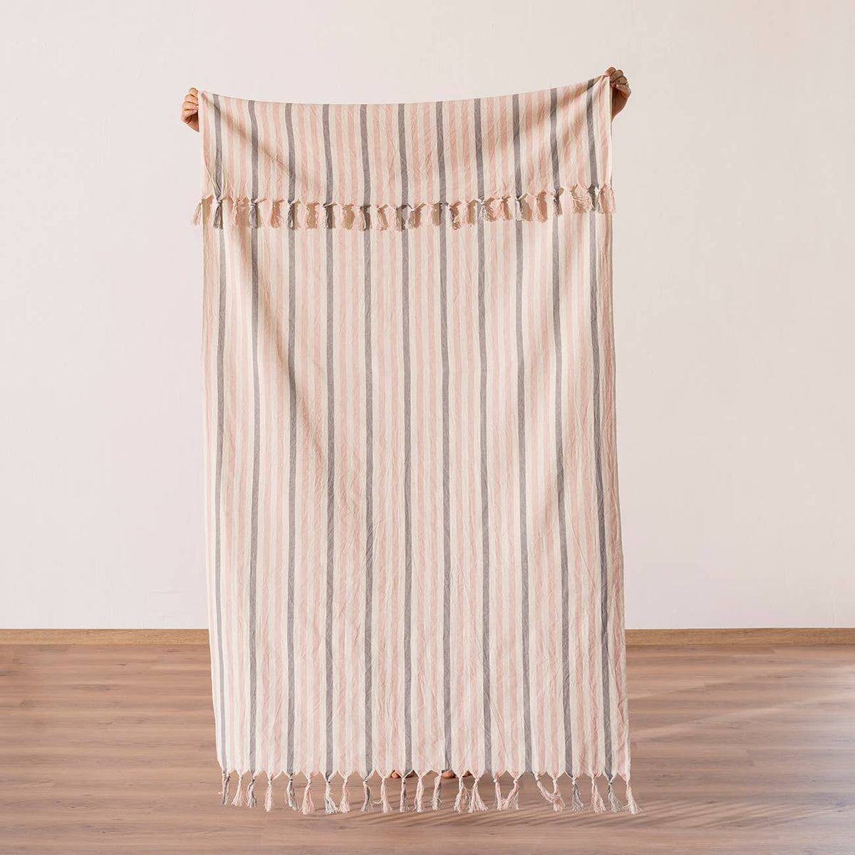 Premium Rustic Turkish beach towel in blush ticking stripe with tassels, 33x66 in | Kikoya