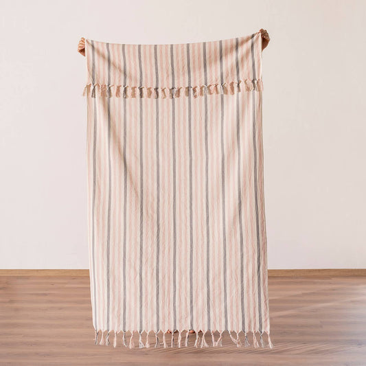 Premium Rustic Turkish beach towel in blush ticking stripe with tassels, 33x66 in | Kikoya