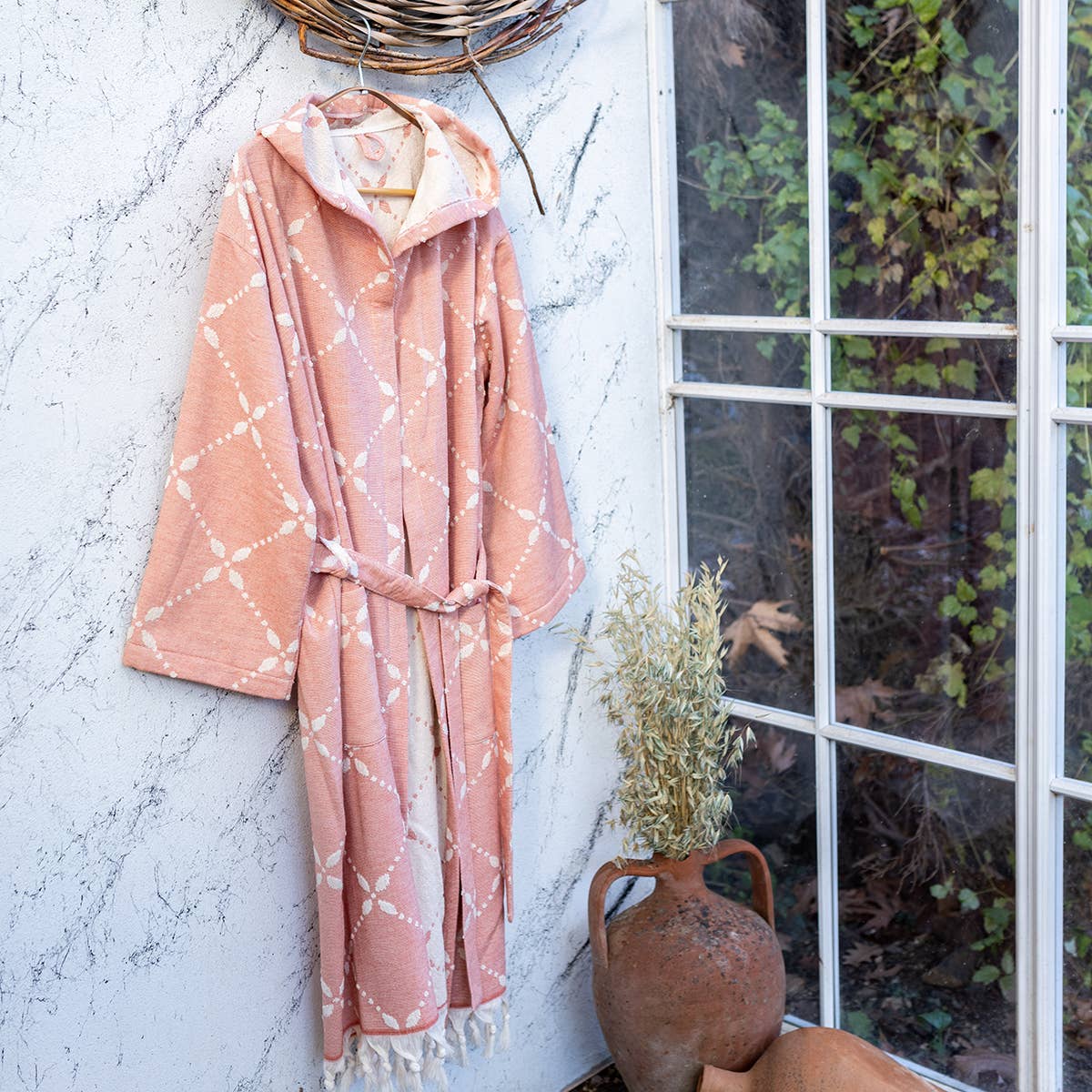 Carmen raised terry Turkish bathrobe with a floral jacquard, hooded | Kikoya