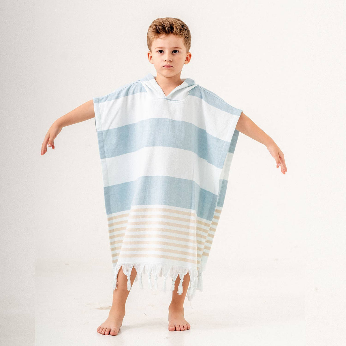 Mediterranean Terry-backed Kids Hooded Towel Poncho – Block Stripe, Grey & Blue | Kikoya