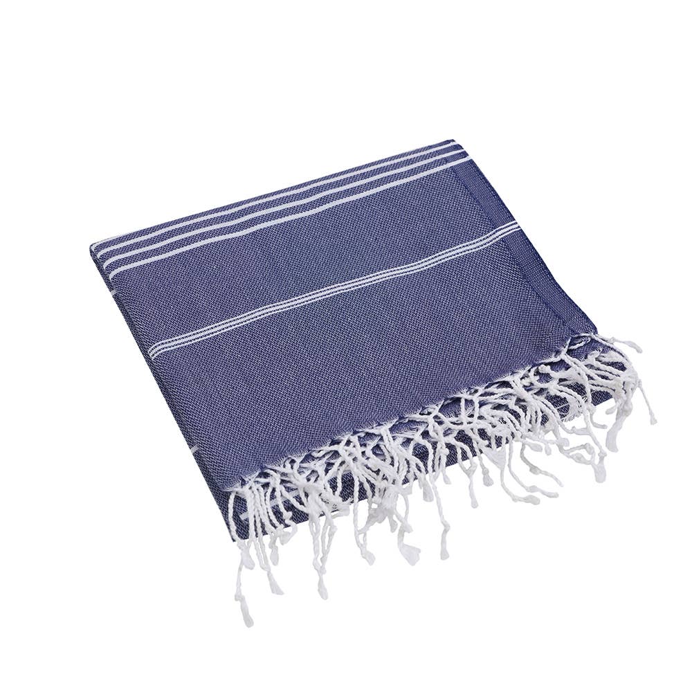 Sultan Turkish beach towel – Navy, folded with knotted fringe | Kikoya