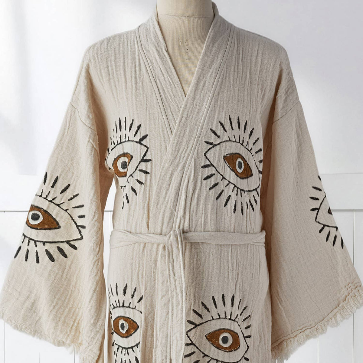 Block-print Turkish cotton kimono robe – Evil Eye Brown & Black | Kikoya