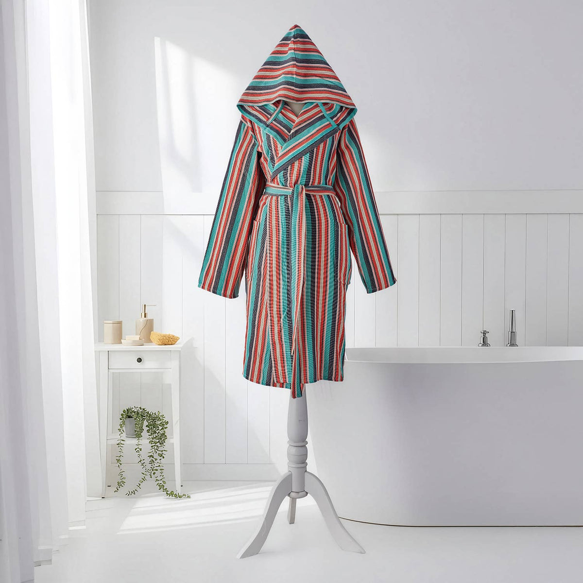 Multi stripe Turkish bathrobe in teal & coral – hooded | Kikoya
