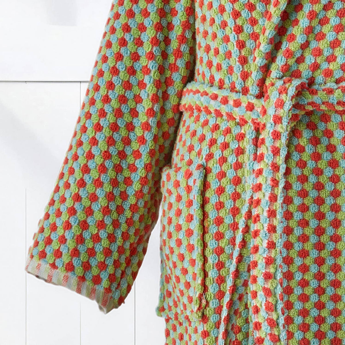 Pompom Turkish bathrobe – Green & Pink, Hooded, back view | Kikoya