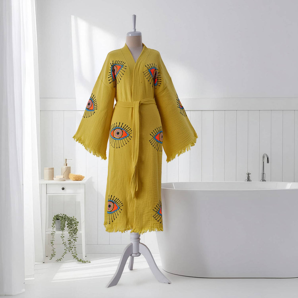 Block-print Turkish cotton kimono robe – Evil Eye Mustard | Kikoya