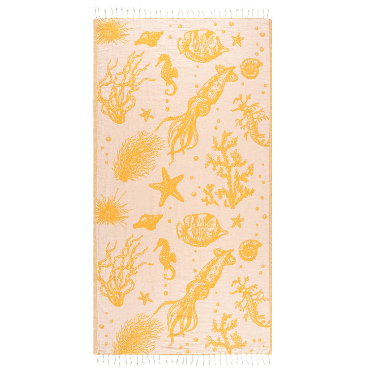Ocean Turkish beach towel with a woven sea-life jacquard, 33x66 in | Kikoya