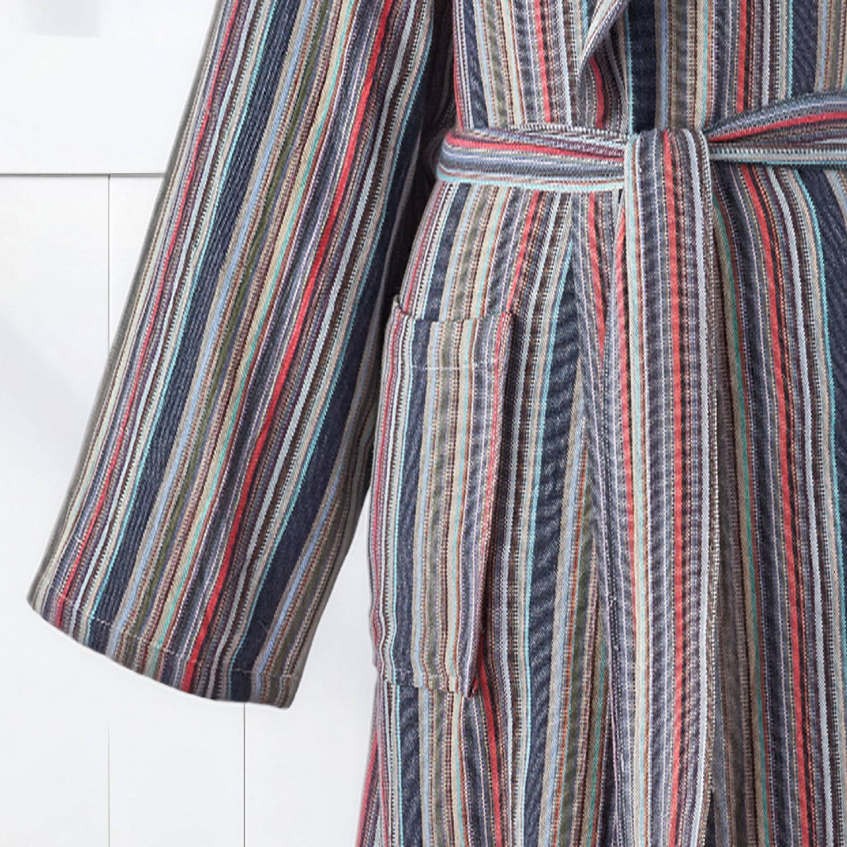 Fine stripe Turkish cotton bathrobe in berry & grey – hooded | Kikoya