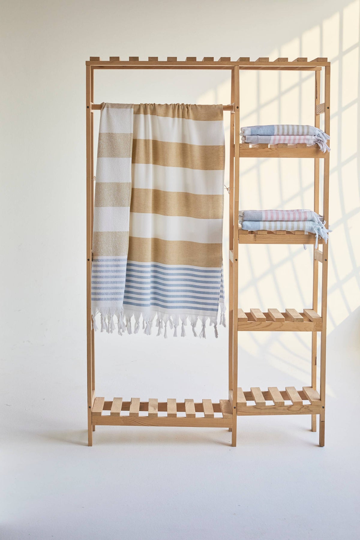 Mediterranean terry-backed Turkish towel in two-tone block stripe, 35x70 in | Kikoya