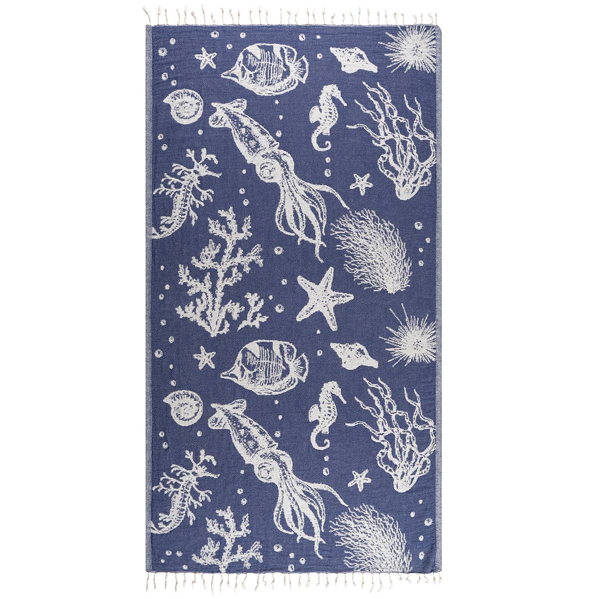 Ocean Turkish beach towel in Blue sea life jacquard, 33x66 in | Kikoya