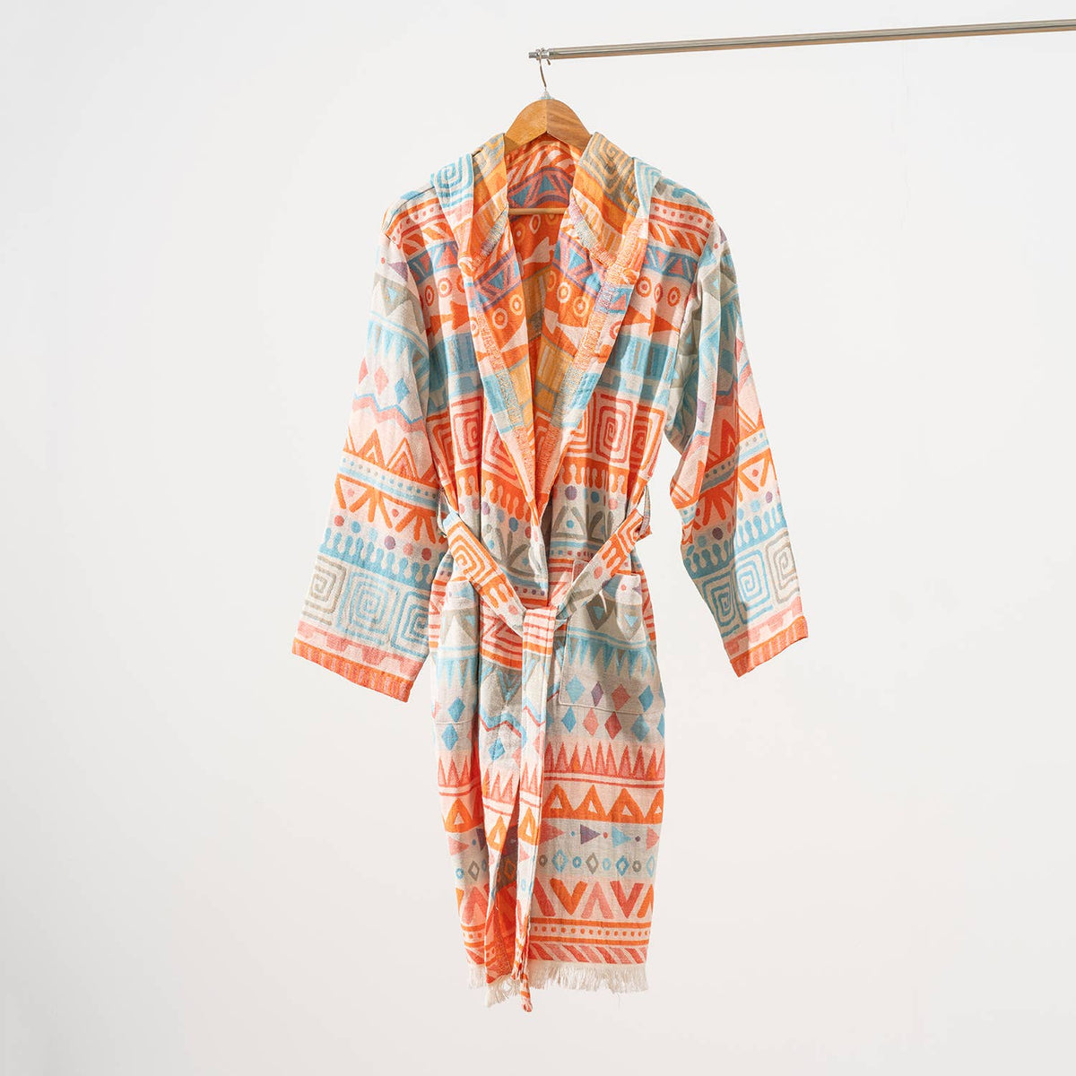 Ethnic print Turkish bathrobe in coral & turquoise – kimono | Kikoya