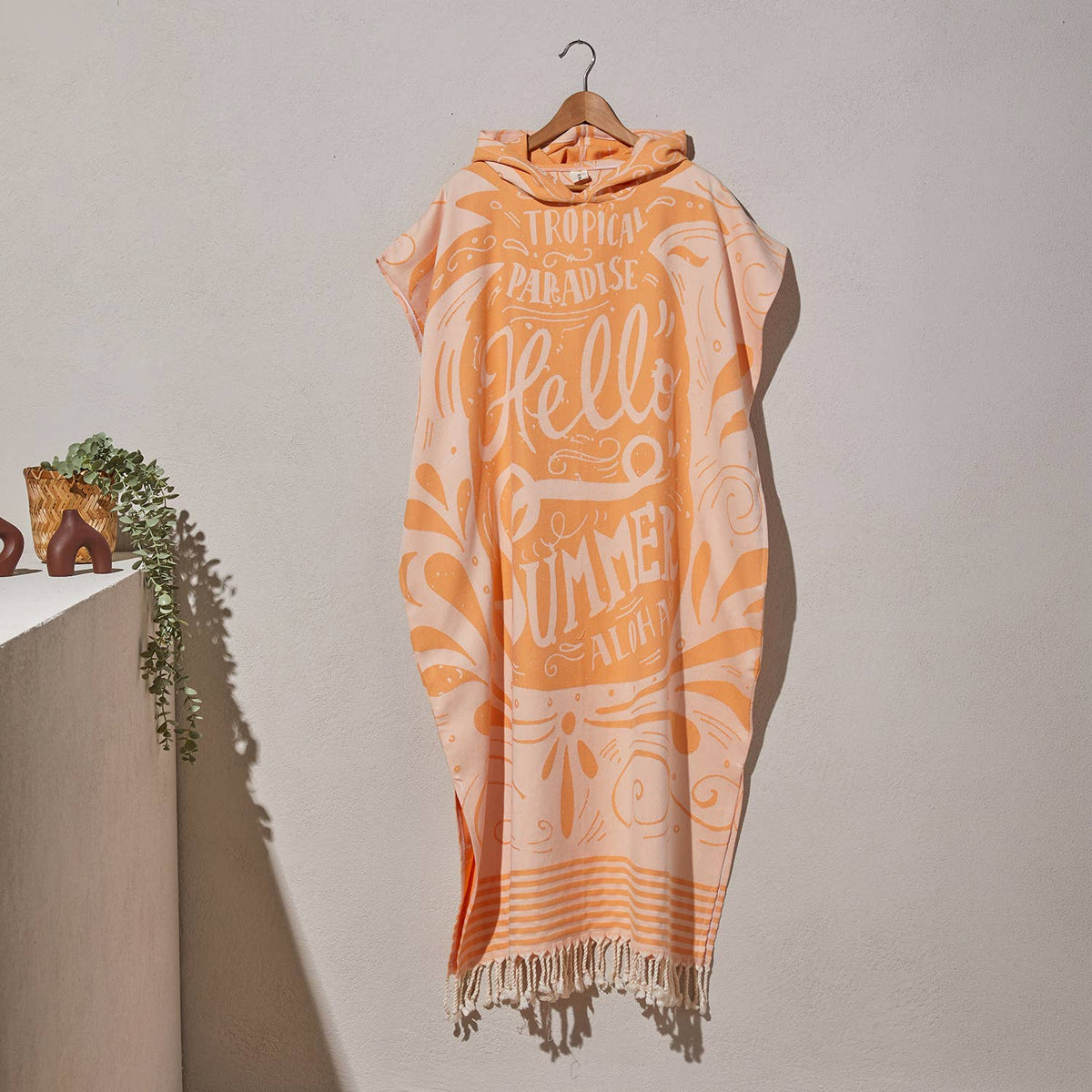 Hello Summer Adult Hooded Changing Poncho – Print, hood detail | Kikoya