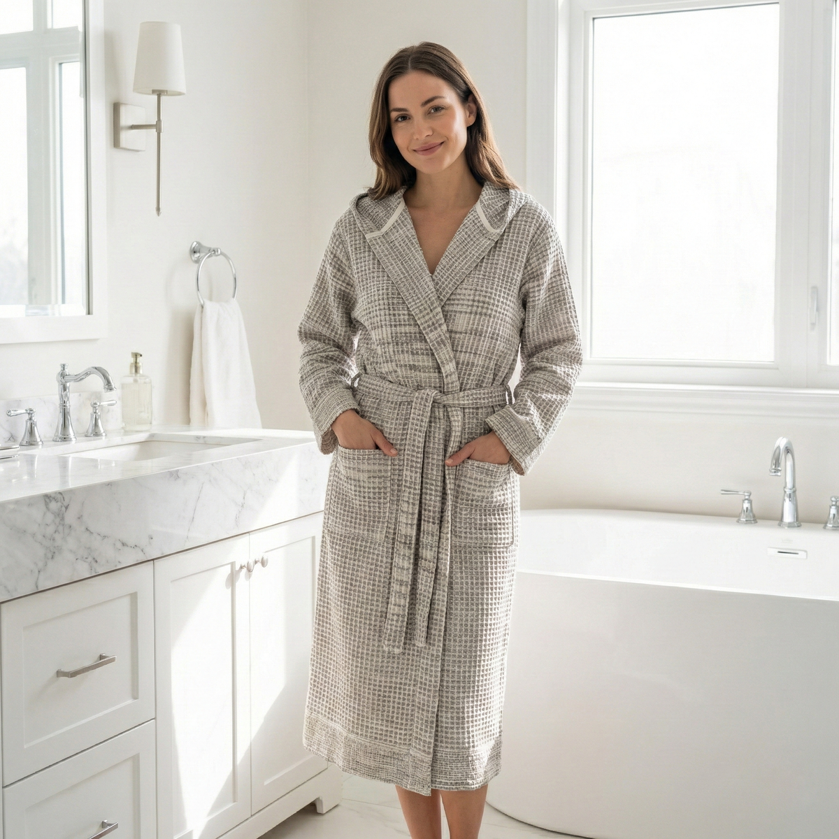 Waffle Turkish cotton bathrobe – Waffle Weave, front view | Kikoya