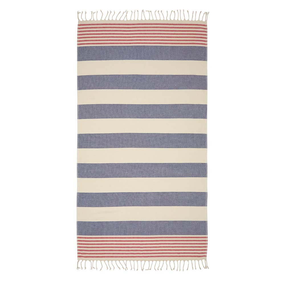Mediterranean terry-backed Turkish towel in navy and red, 35x70 in | Kikoya