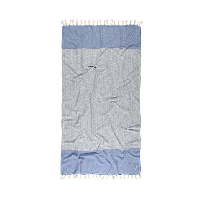 Topkapi Turkish beach towel in blue diamond weave with contrast band, 33x66 in | Kikoya