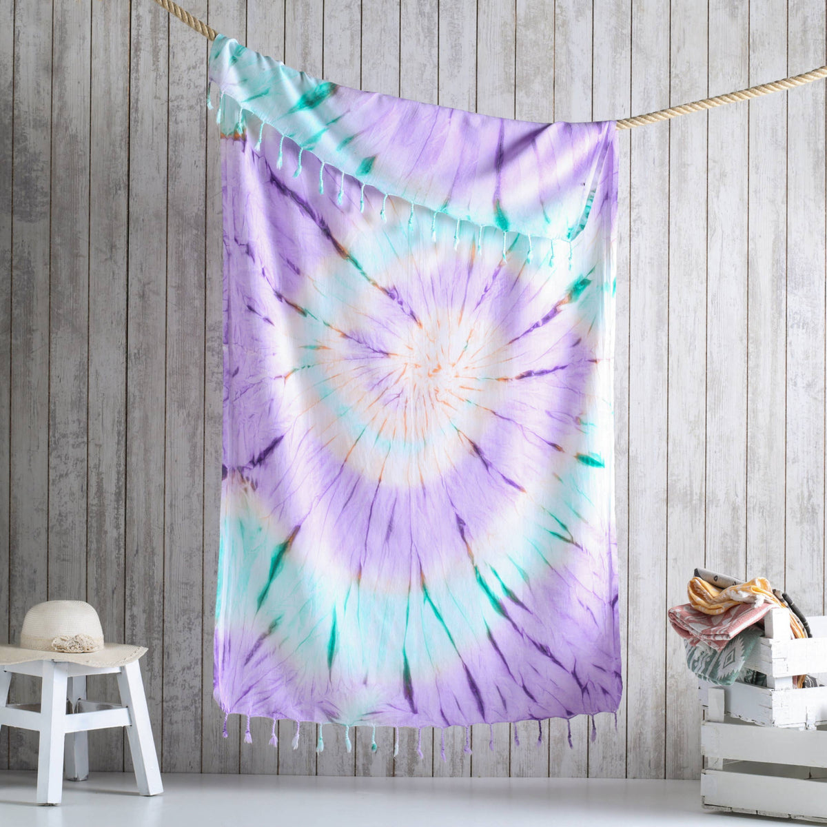 Tie-dye Turkish beach towel in pastel spiral, 33x65 in, sand-shedding flat weave | Kikoya