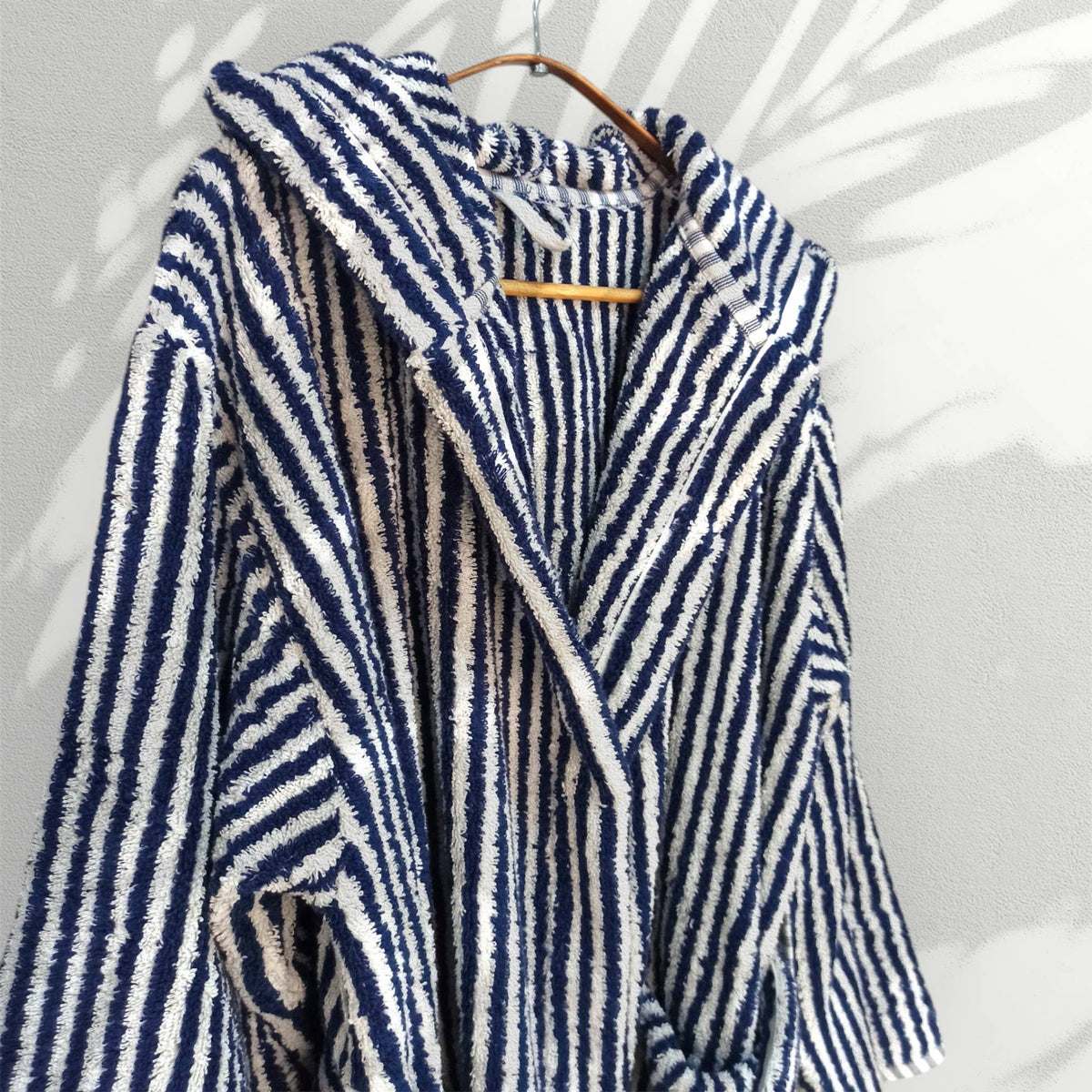 Pompom Turkish bathrobe – Navy & White Stripe, Hooded, full-length view | Kikoya