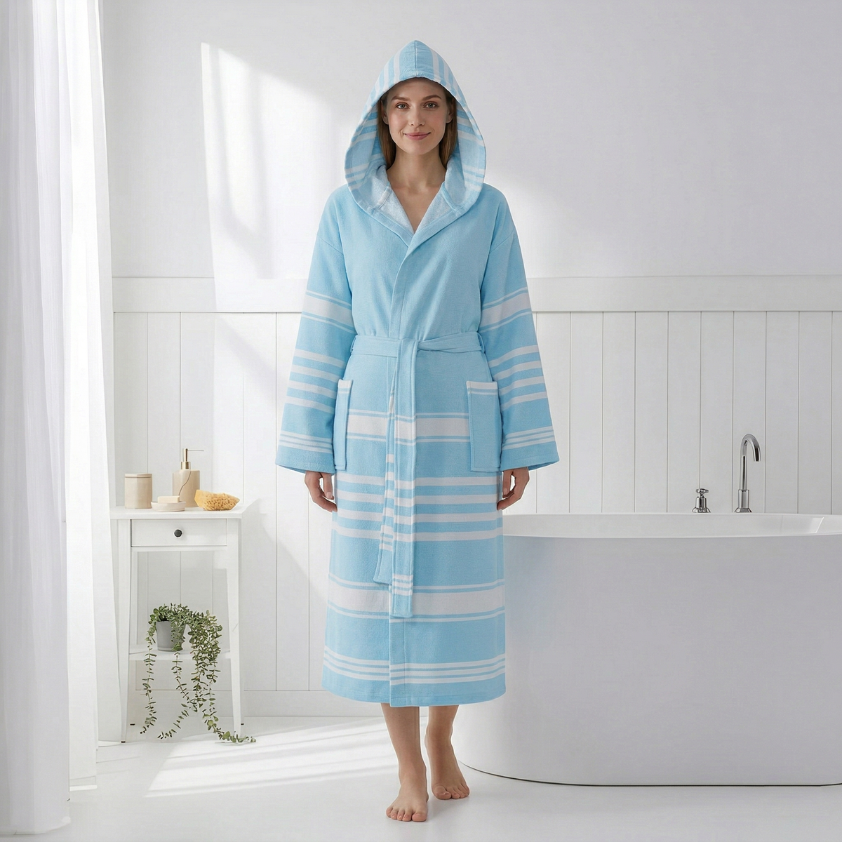 Terry-backed Turkish bathrobe in pastel stripe – hooded | Kikoya