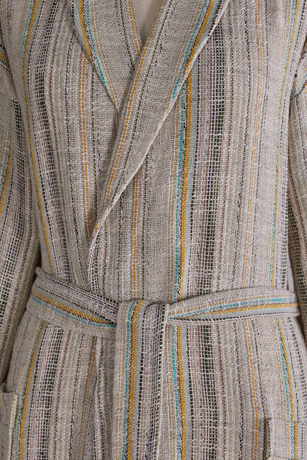 Textured stripe Turkish cotton bathrobe in olive & beige – shawl collar | Kikoya
