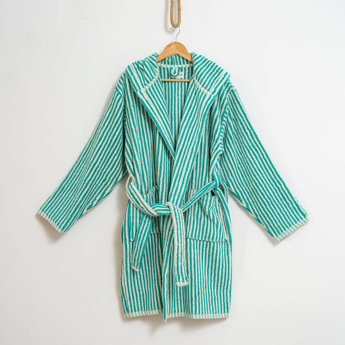 Pompom Turkish bathrobe – Green & White Stripe, Hooded, back view | Kikoya