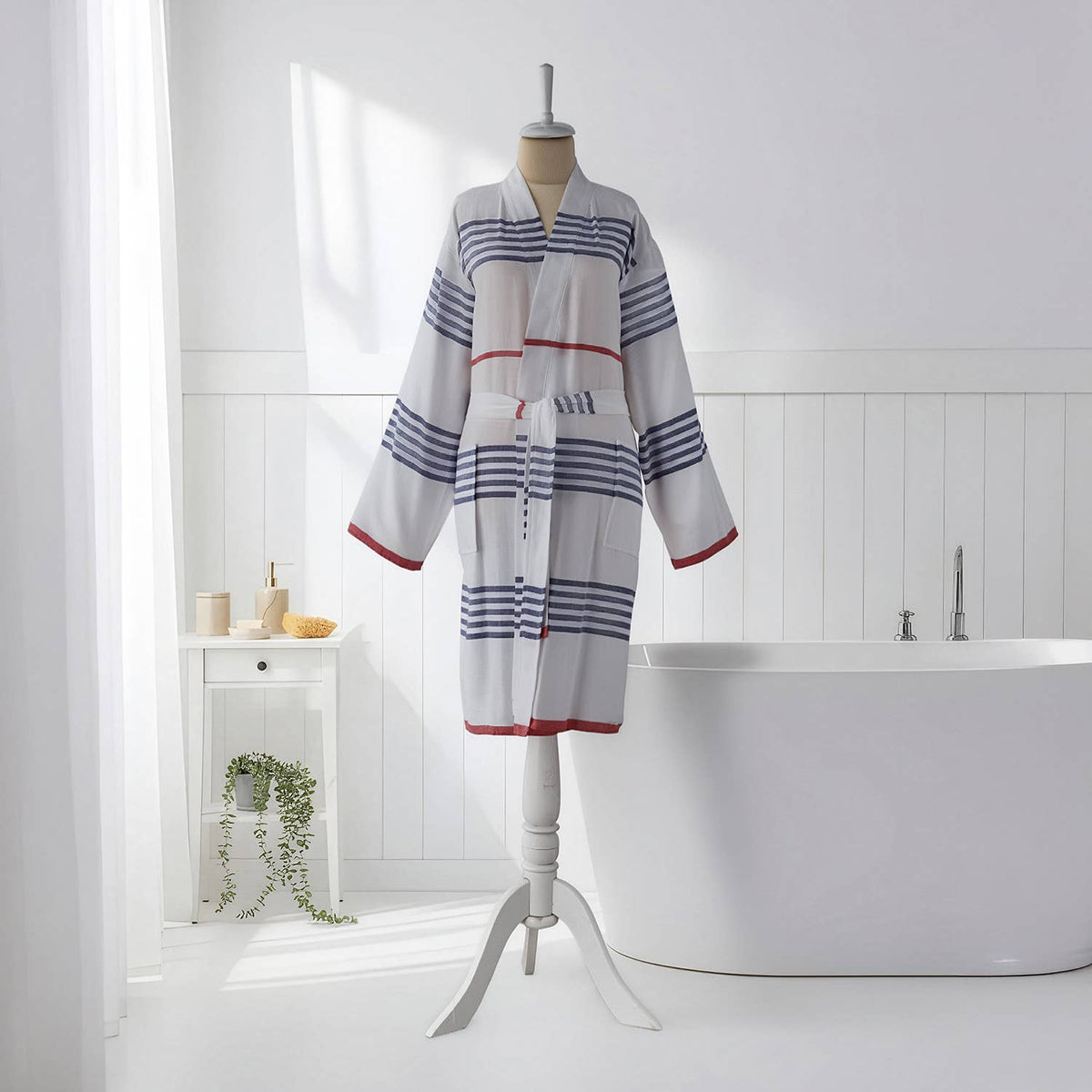 Nautical stripe Turkish bathrobe in navy & red – kimono | Kikoya