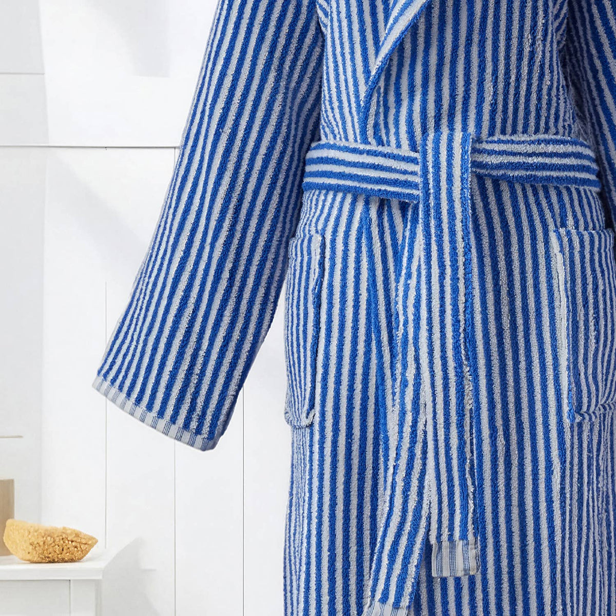 Pompom Turkish bathrobe – Blue & White Stripe, Hooded, belt and pocket detail | Kikoya