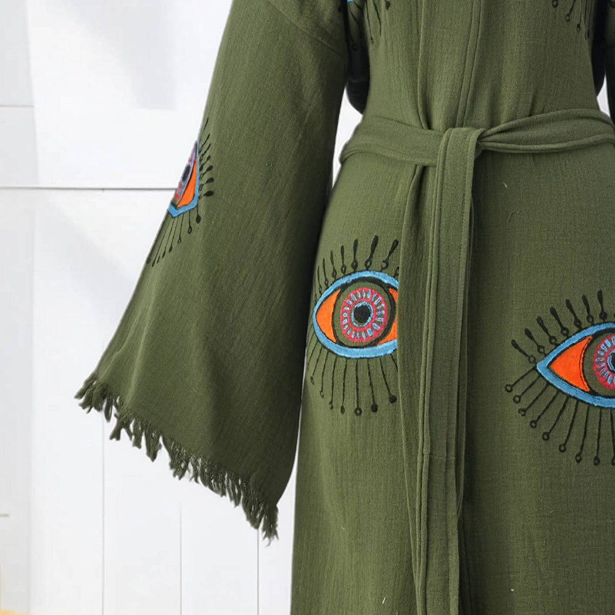 Block-print Turkish cotton kimono robe – Evil Eye Olive Green | Kikoya