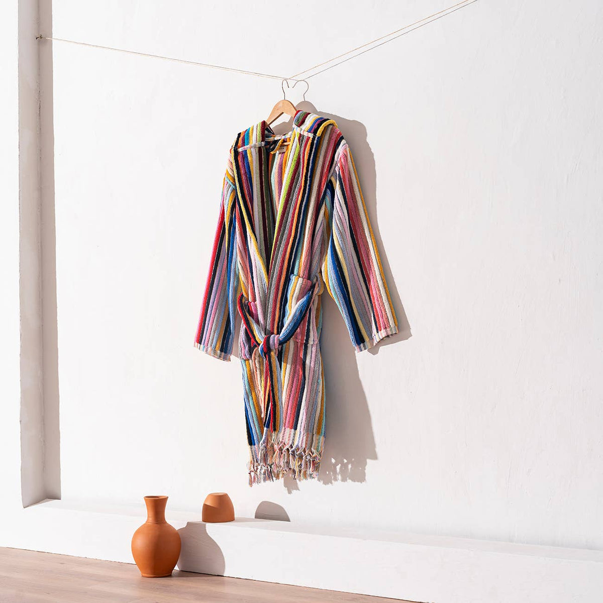 Pompom Turkish bathrobe – Bold Multicolor Stripe, Hooded, back view | Kikoya