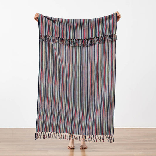 Premium Rustic Turkish beach towel – Indigo & Red Stripe | Kikoya
