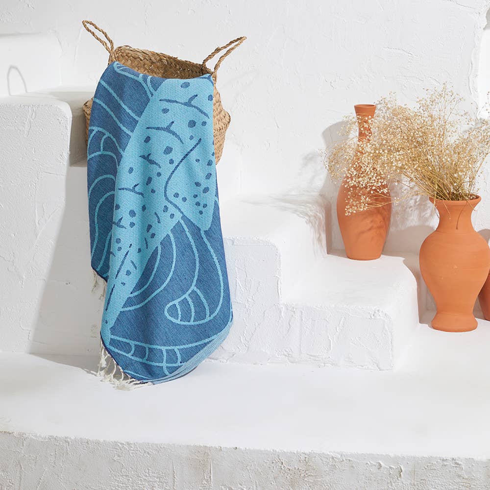 Whale shark terry-backed Turkish towel with woven jacquard face, 35x70 in | Kikoya