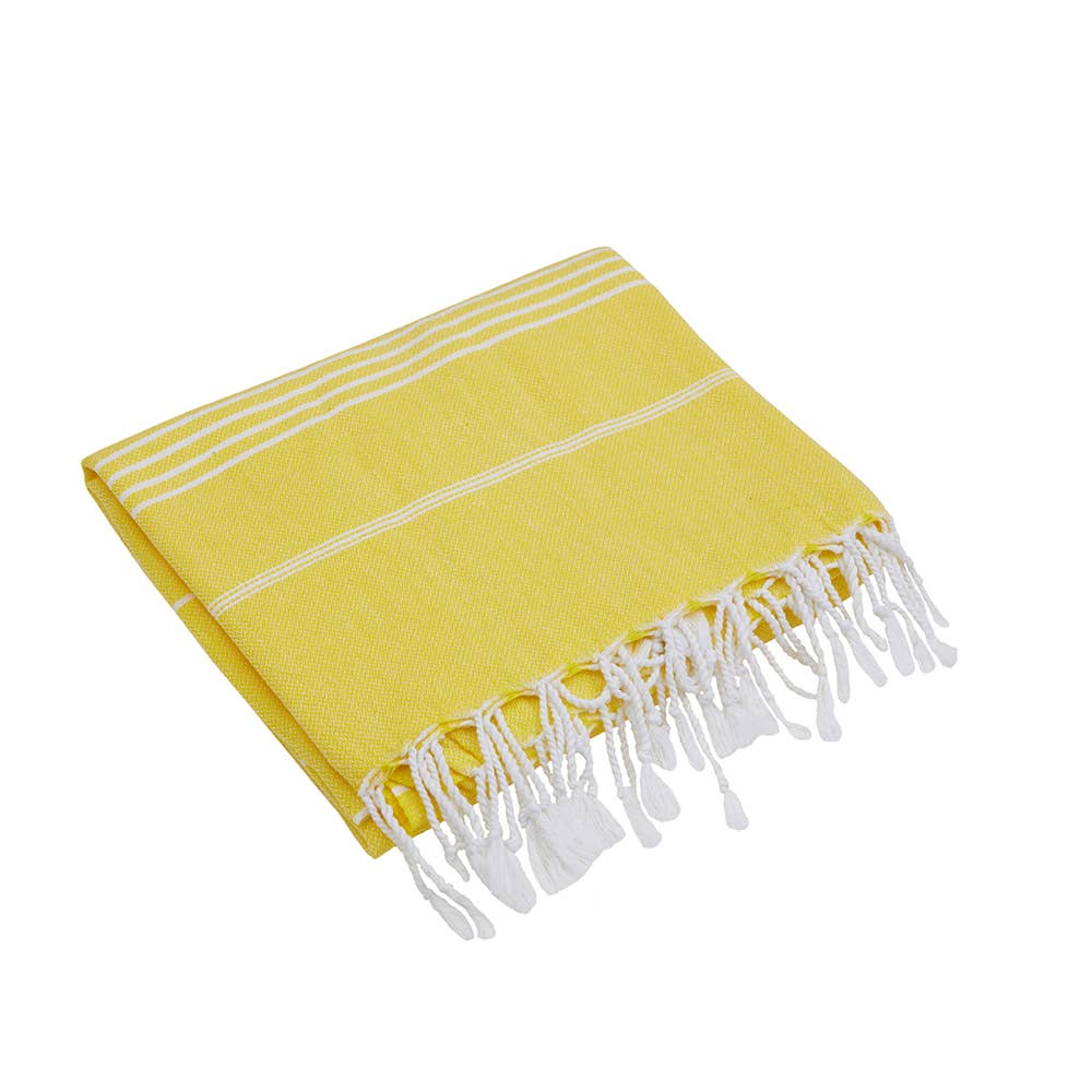 Sultan Turkish beach towel – Yellow, folded with knotted fringe | Kikoya