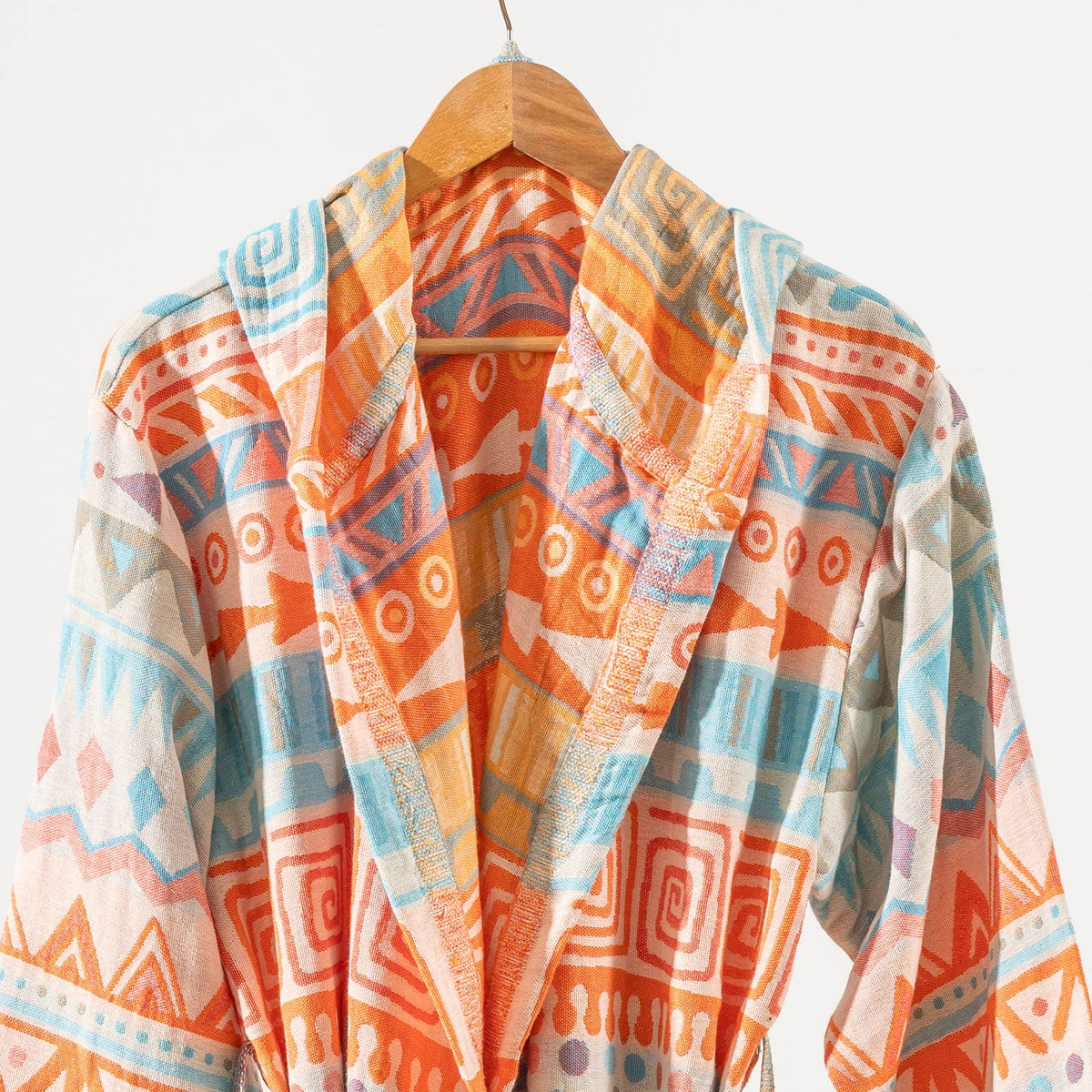 Ethnic print Turkish bathrobe in coral & turquoise – kimono | Kikoya