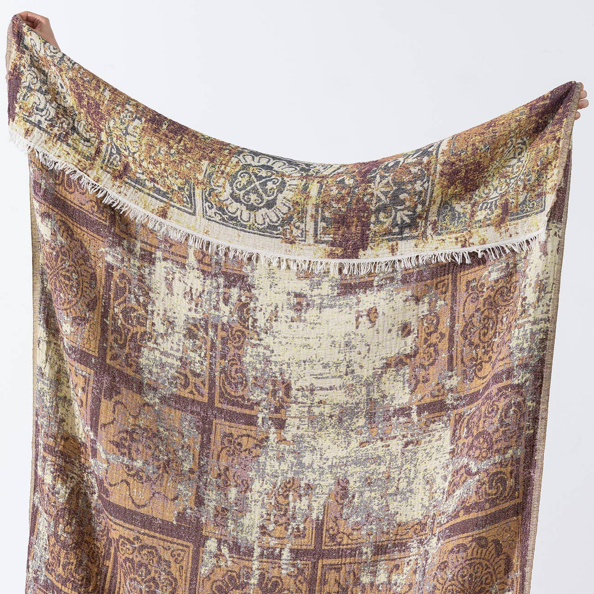 Rustic Turkish cotton throw blanket – vintage medallion, folded view | Kikoya