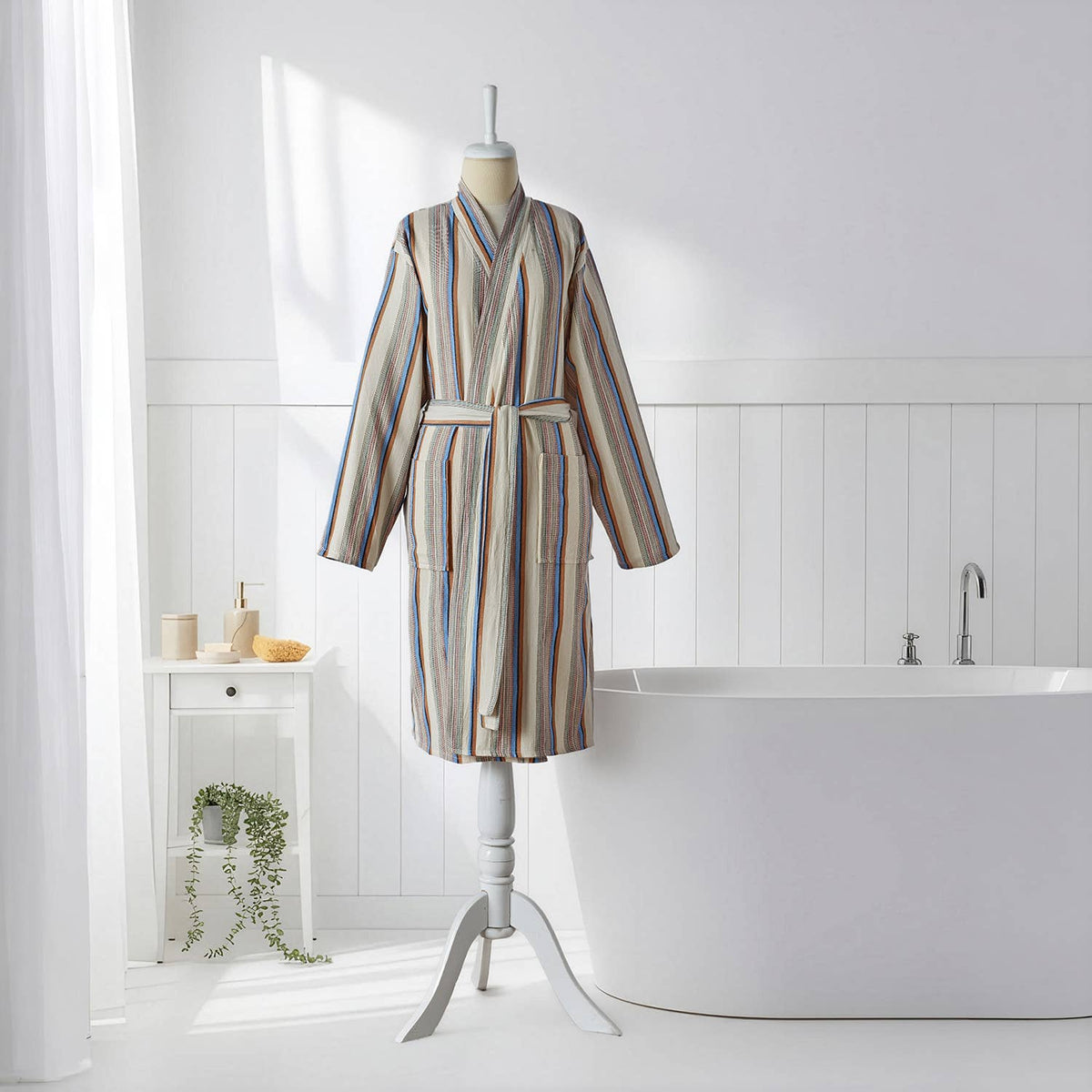Multi stripe Turkish bathrobe in sand & blue – kimono | Kikoya