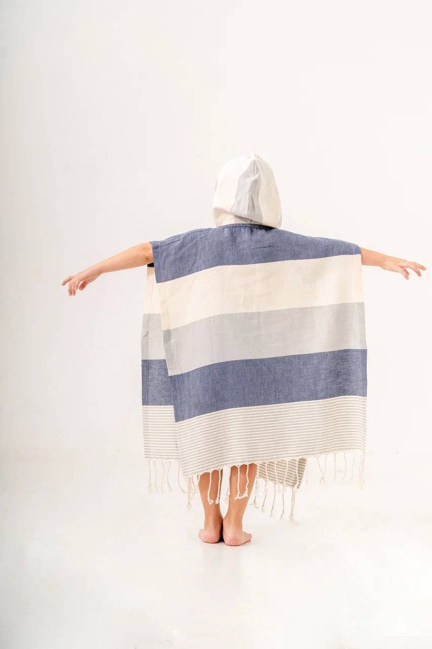 Block stripe kids hooded towel poncho in Grey & Blue, back view | Kikoya