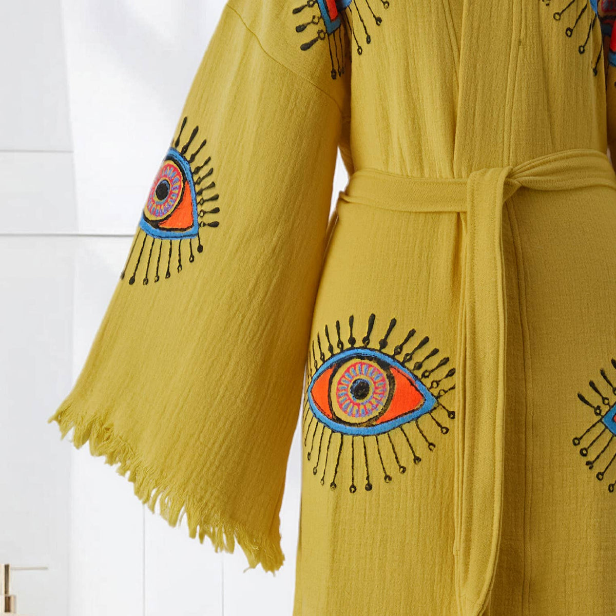 Block-print Turkish cotton kimono robe – Evil Eye Mustard | Kikoya