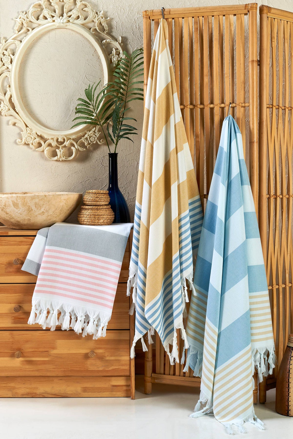 Mediterranean terry-backed Turkish towel in two-tone block stripe, 35x70 in | Kikoya