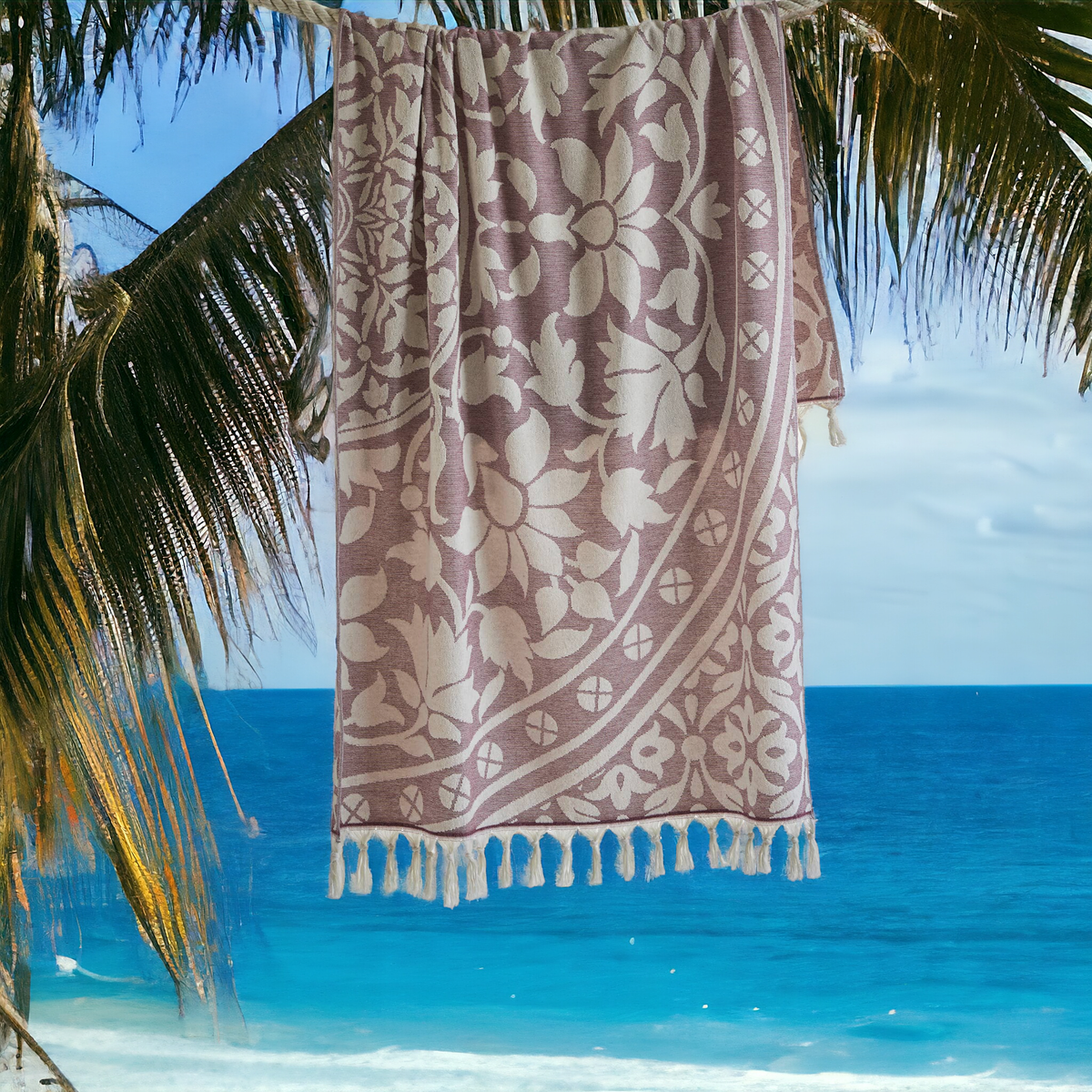 Mandala Turkish terry towel with a large woven medallion, 36x66 in | Kikoya