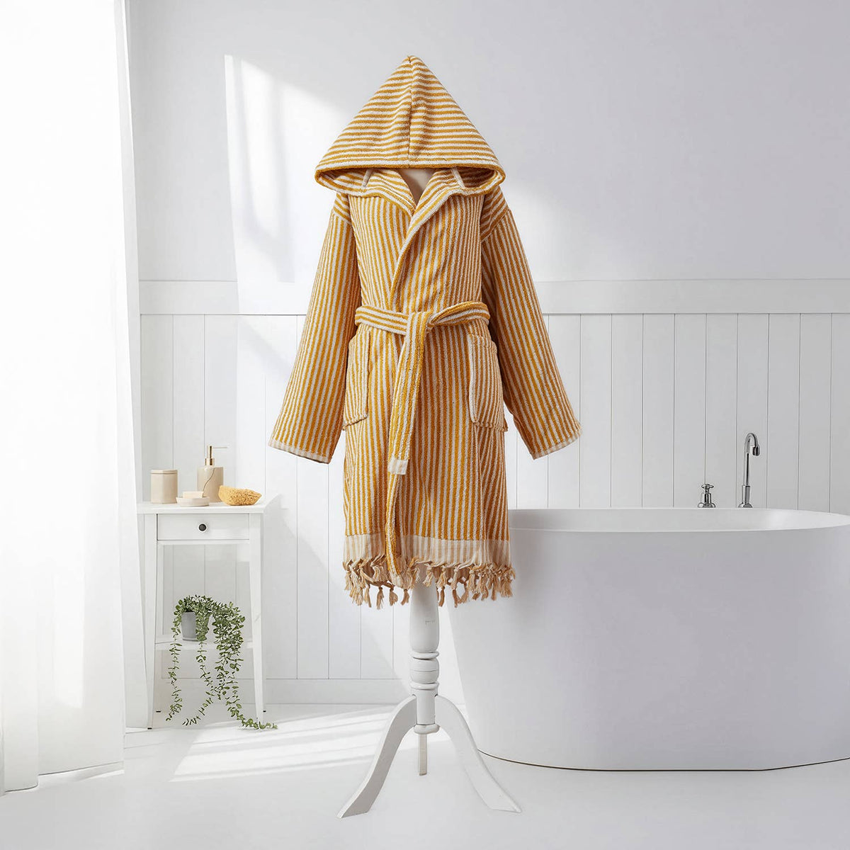Pompom Turkish bathrobe – Mustard & White Stripe, Hooded, belt and pocket detail | Kikoya