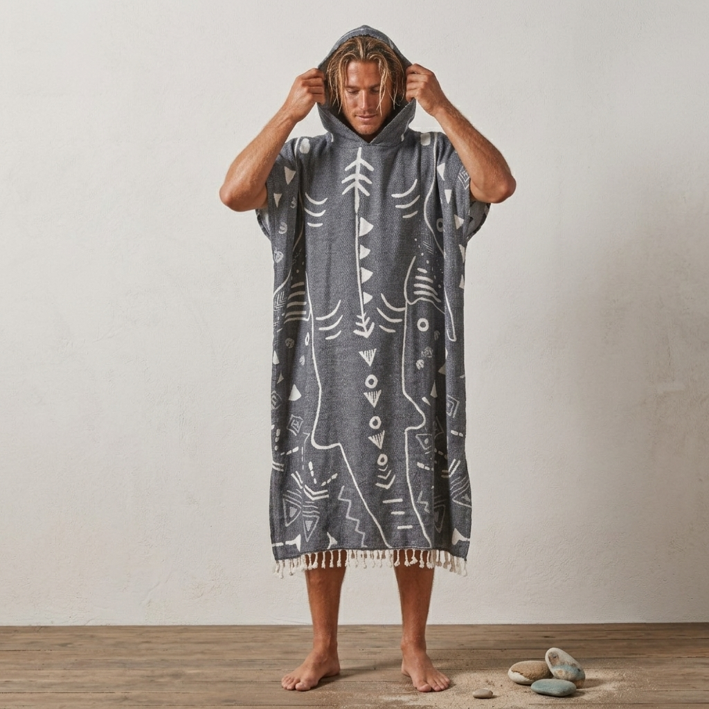 Native Shark Adult Hooded Changing Poncho – Print, back view | Kikoya