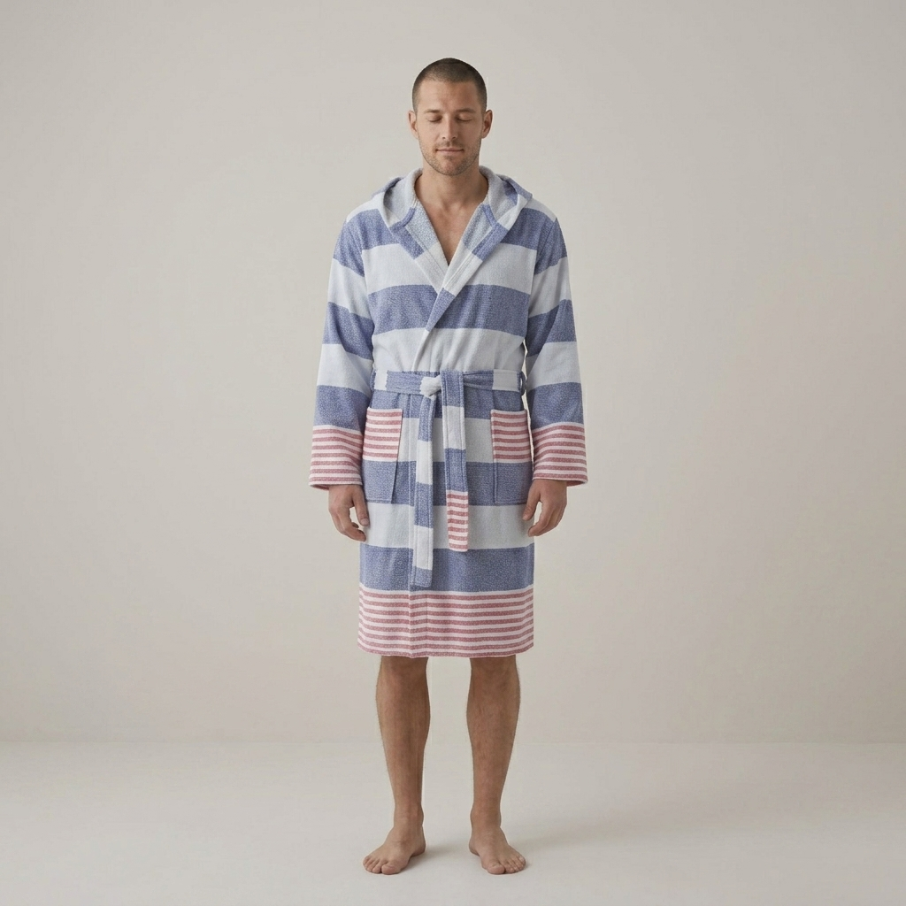 Marine terry-backed Turkish bathrobe – block stripe, hooded | Kikoya