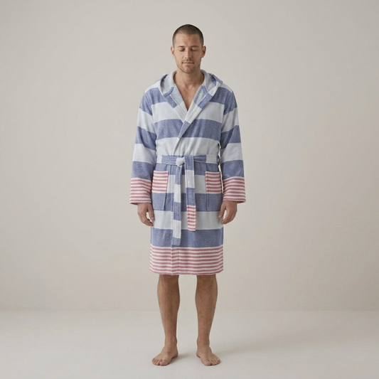 Marine terry-backed Turkish bathrobe – block stripe, hooded | Kikoya